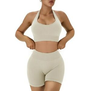 Workout Sets Women Backless Halter Sports Bra High Waist Shorts Gym Outfit Cream